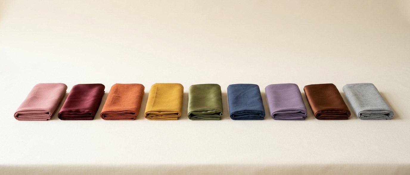 LAMSAH hijabs hanging across the nine colour families