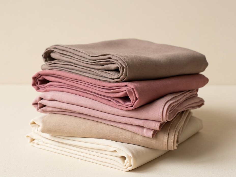 A neatly folded stack of LAMSAH hijabs in warm neutral shades